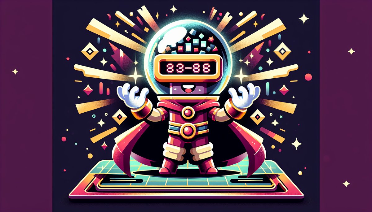 Cartoon astronaut in a colorful suit with cape, standing on a glowing platform, arms raised as bright bursts surround them.