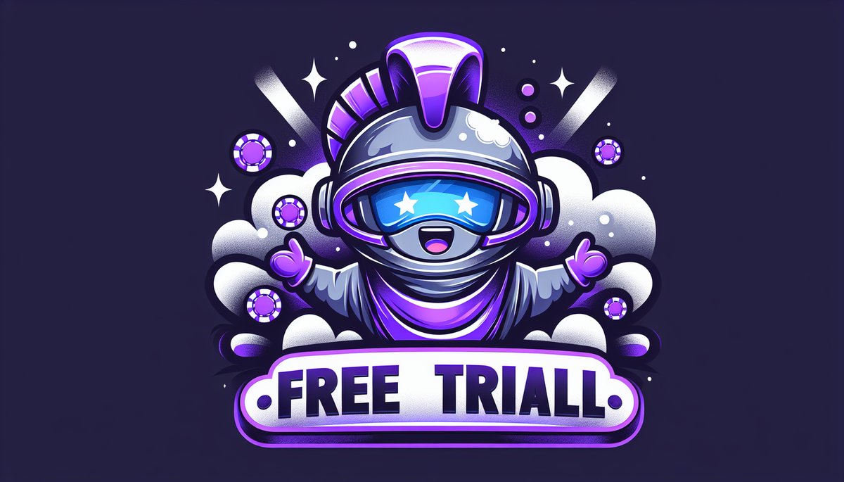 Cartoon purple astronaut mascot with stars and clouds, promoting a Free Trial banner.