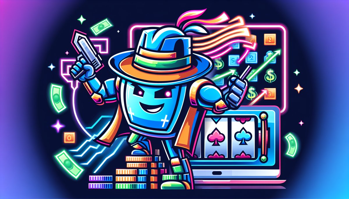 Neon-lit cartoon robot cowboy wielding a gun, surrounded by cash, chips, and a laptop displaying casino cards.