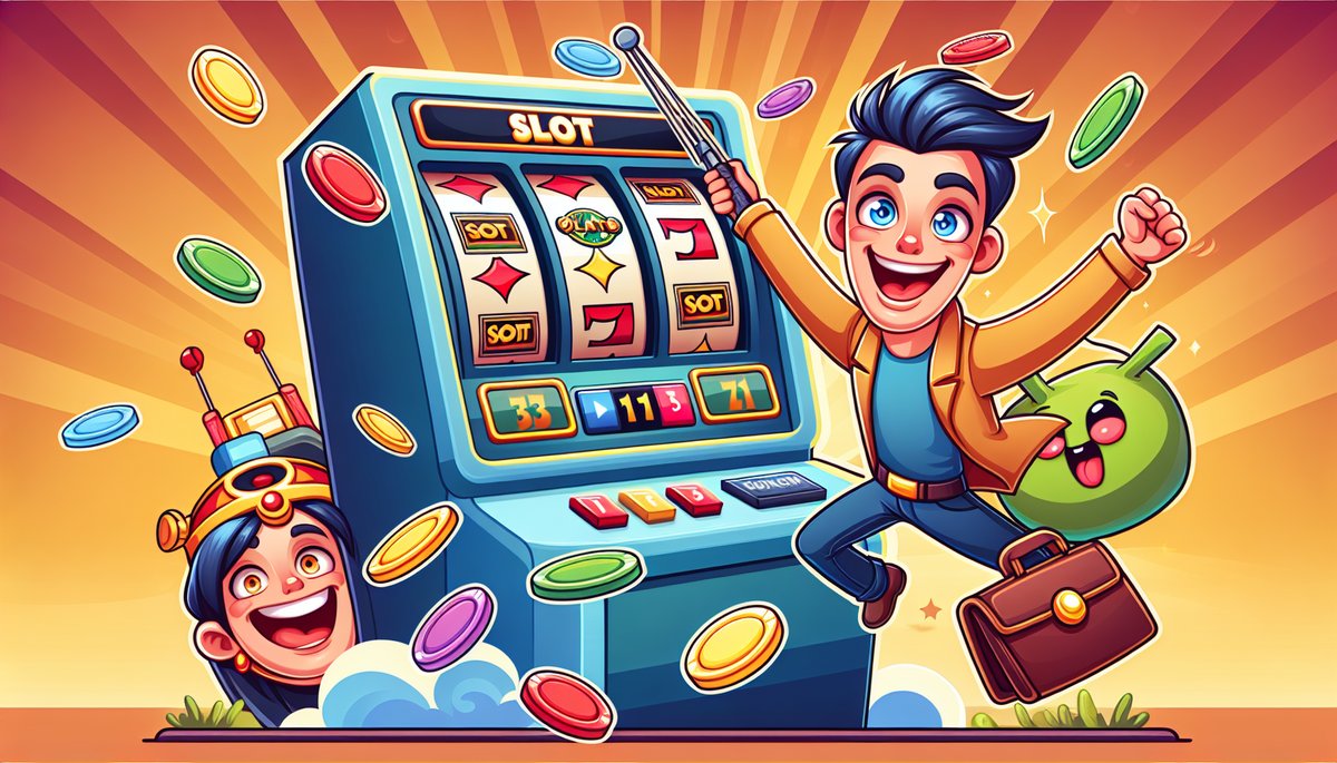 Bright cartoon slot machine in action with coins flying around, as a joyful man leaps with a briefcase and a cheering girl watches.