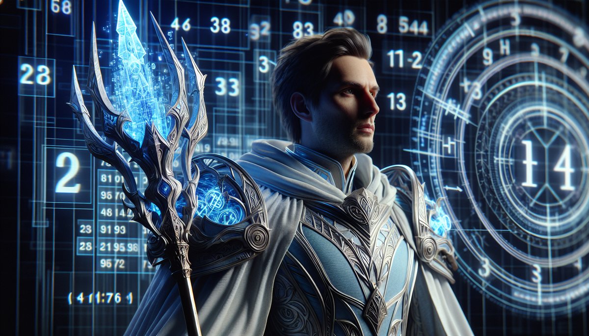 Male fantasy mage in silver armor wields a glowing blue crystalline staff, with digital numbers and futuristic HUD in the background.