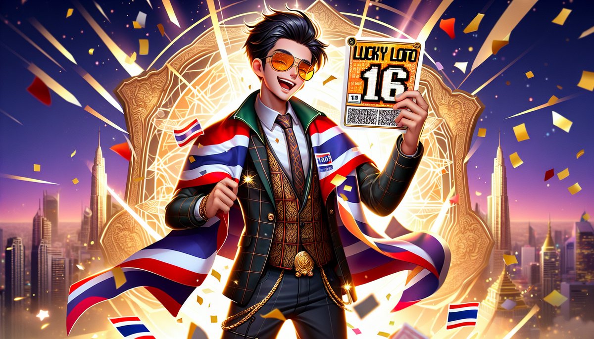 Cartoon man in a suit with a Union Jack scarf holds a 'Lucky Lotto 16' ticket amid confetti and a bright, ornate backdrop.