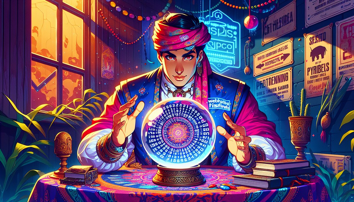 A colorful fortune teller gazes into a glowing crystal ball, hands poised as the ornate ball reveals rotating symbols on a vibrant table.