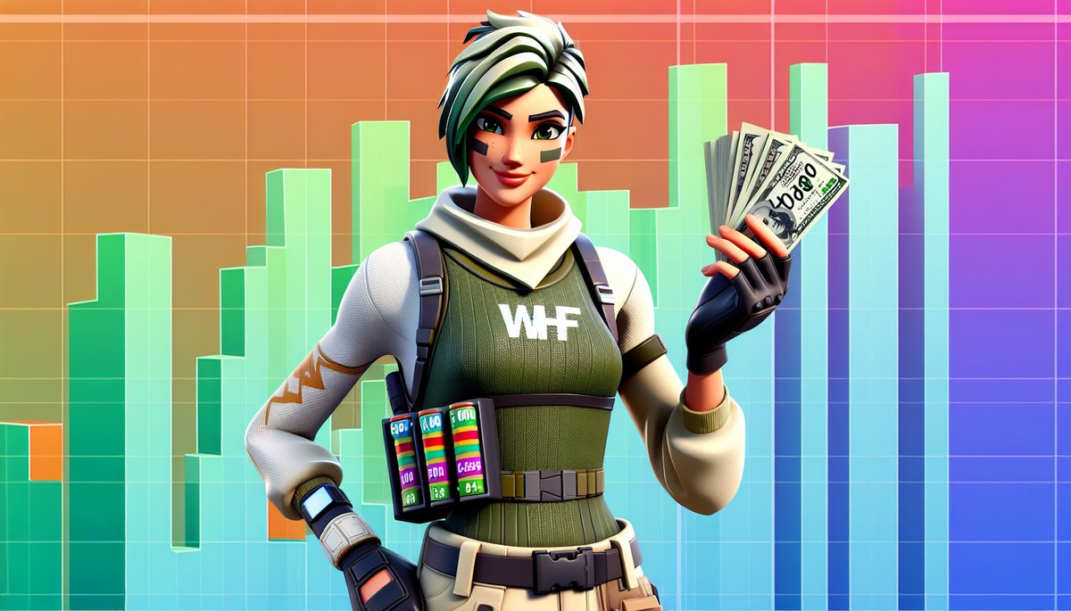Fortnite-style character holding cash in front of a colorful bar chart, implying earnings or profits in a game context.